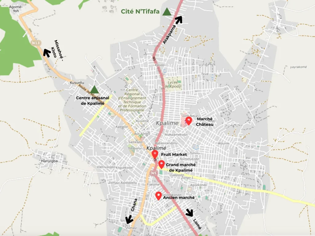 Plan de Kpalimé montrant l'emplacement du gîte